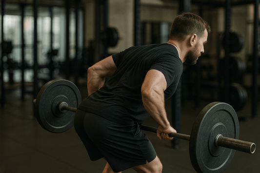 man doet barbell bent over row in sporschool