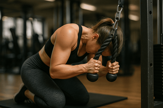 vrouw doet cable crunch met touw in sportschool