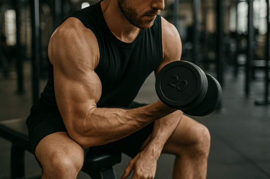 Man voert concentration curl uit in sportschool