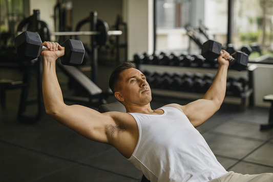 man doet dumbbel chest fly in sportschool