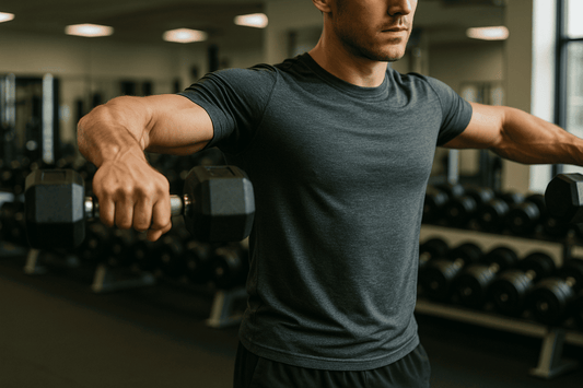 Man doet lateral raise in sportschool