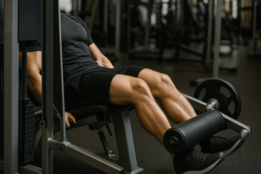 man voert leg extension uit op machine in de sportschool