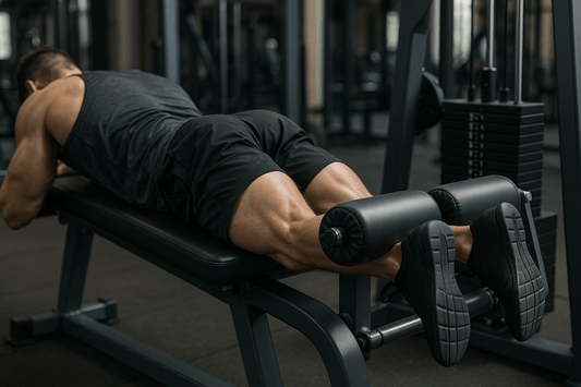 man voert lying leg curls uit op machine in sportschool