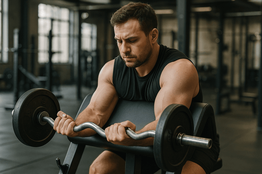 man voert preacher curl uit met EZ bar