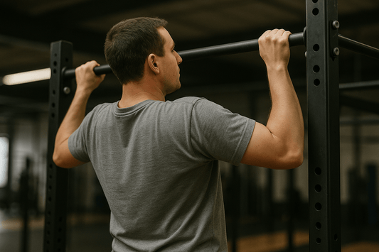 man doet pull up aan stang in sportschool