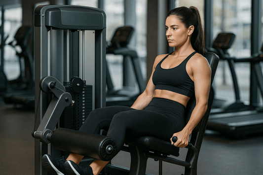 vrouw doet seated leg curl in sportschool