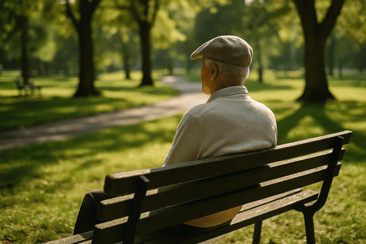 Oudere man in de zon op bankje in park
