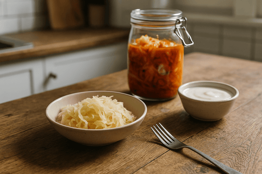 Schaal zuurkool, bakje yoghurt en kimchi kefir op aanrechtblad