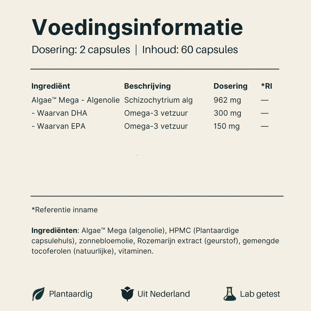 Voedingsinformatie Algenolie van Vital Nutrition