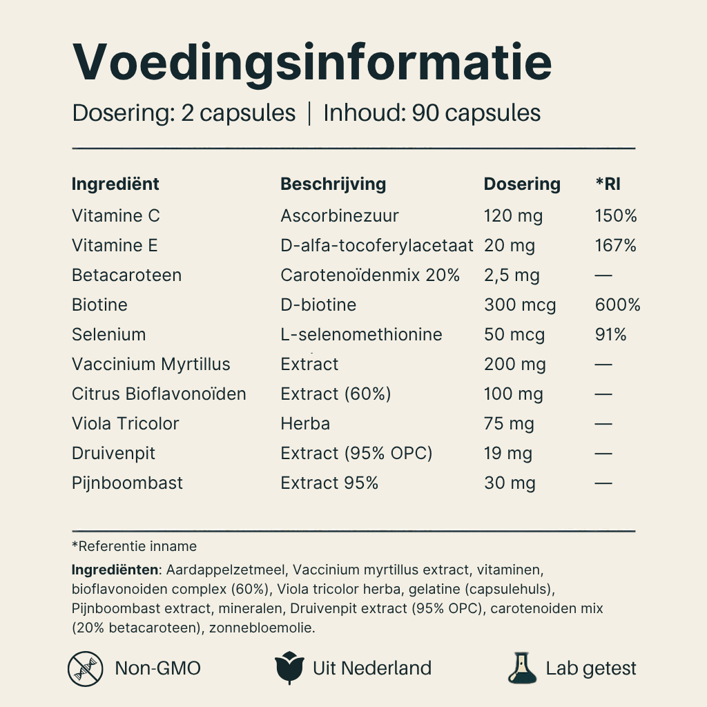 Voedingsinformatie Antioxidanten Complex van Vital Nutrition
