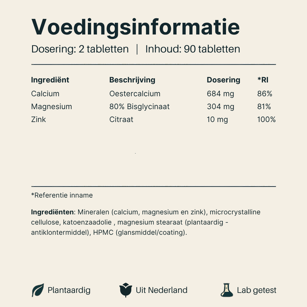 Voedingsinformatie Calcium Magnesium Zink van Vital Nutrition
