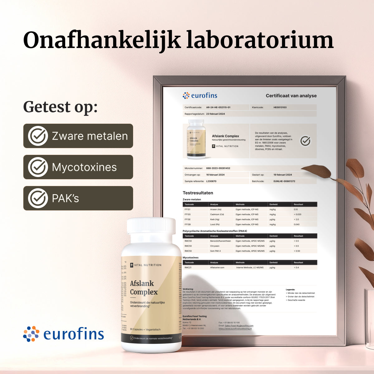 Certificaat van analyse - Vital Nutrition Afslank Complex