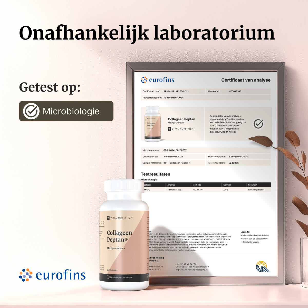 Certificaat van analyse - Vital Nutrition Collageen Peptan capsules