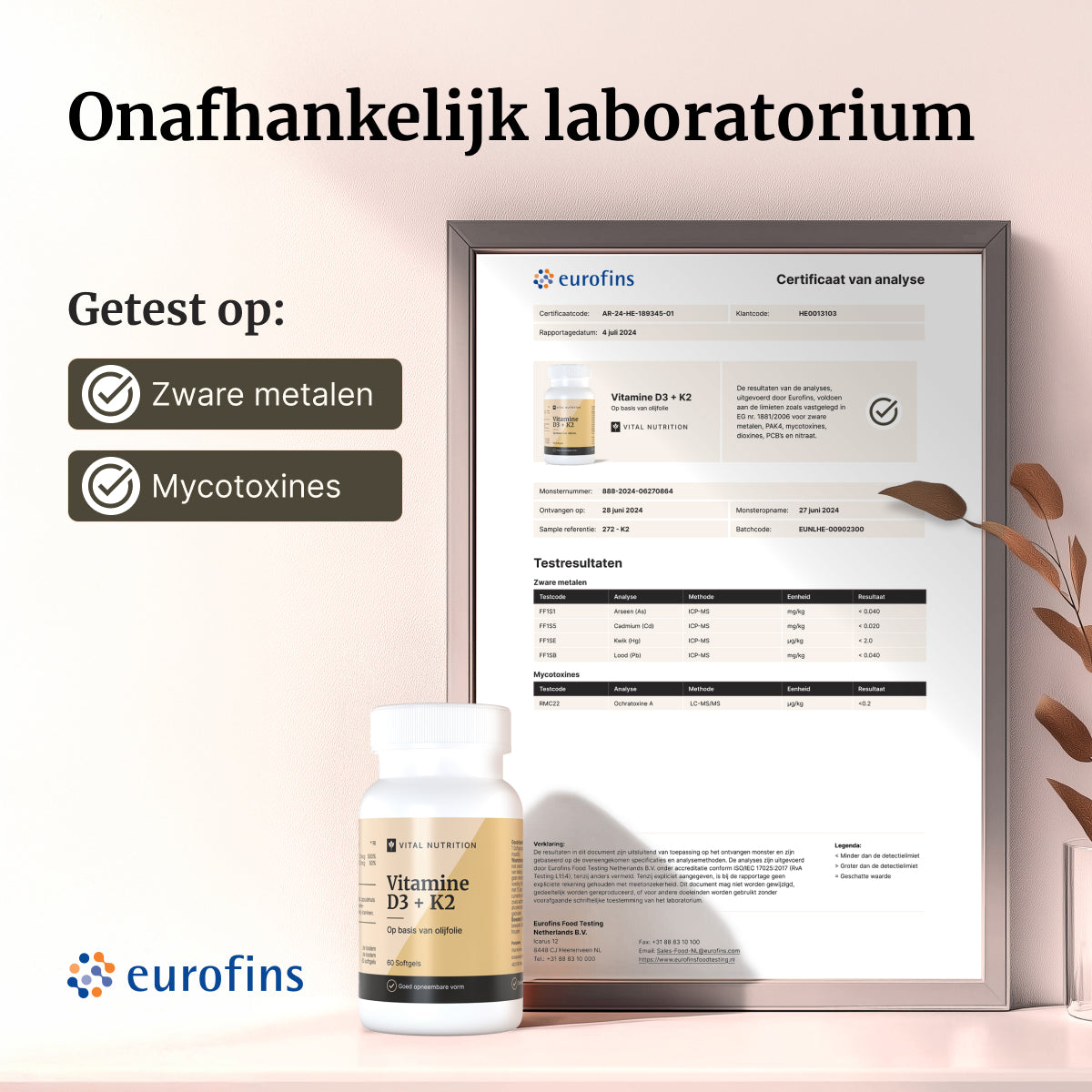 Certificaat van analyse - Vital Nutrition Vitamine D3 + K2