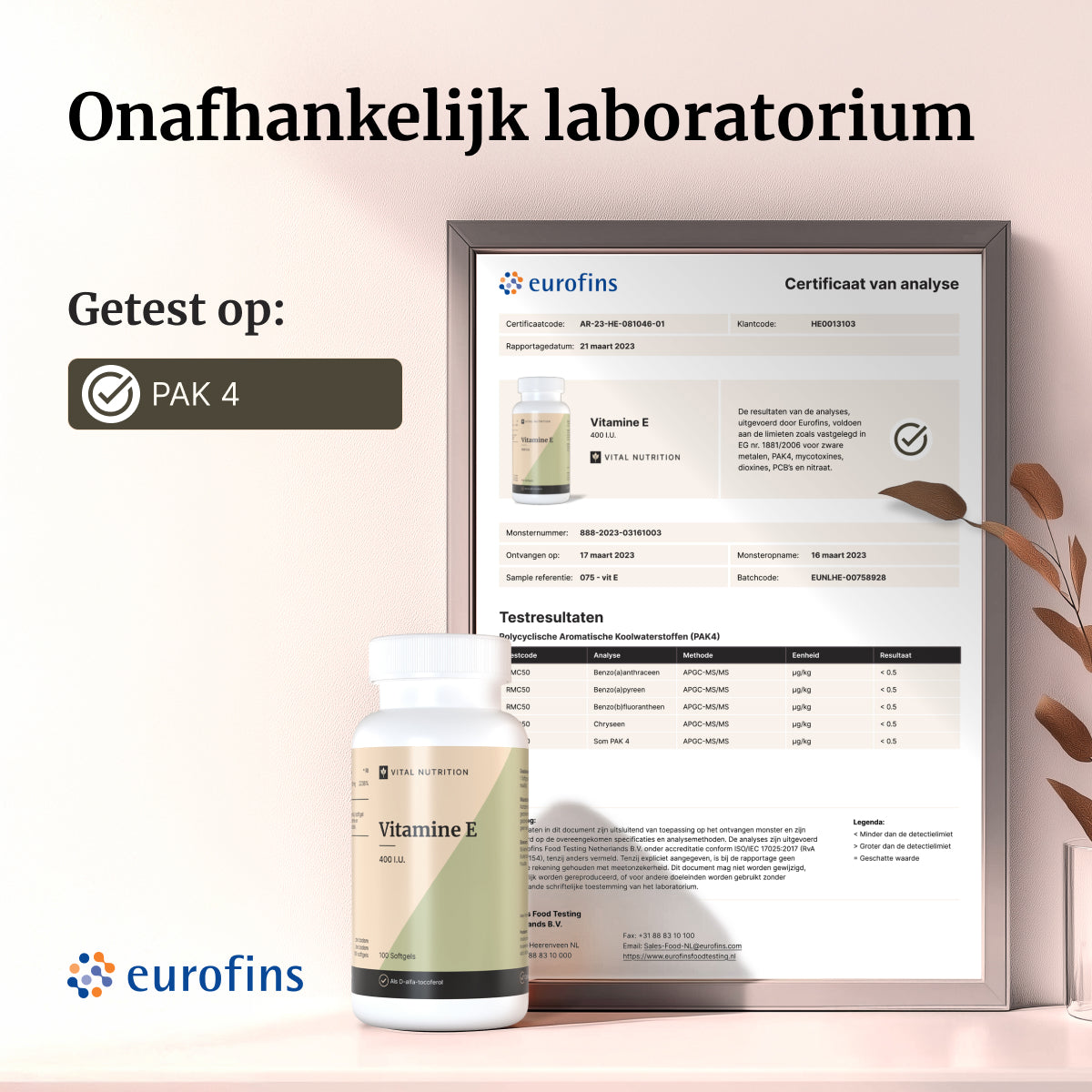 Certificaat van analyse - Vital Nutrition Vitamine E 400 I.U.
