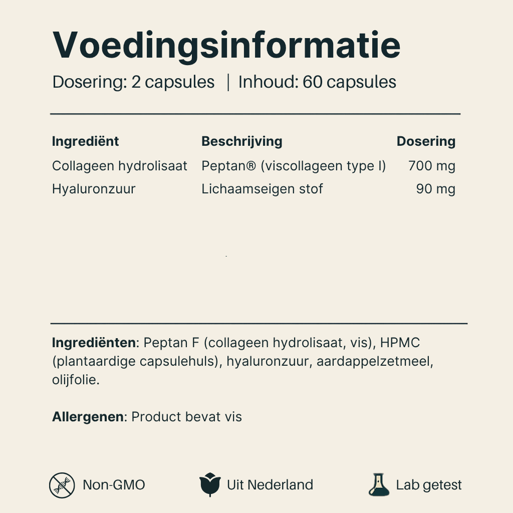 Voedingsinformatie van Collageen Peptan capsules Vital Nutrition
