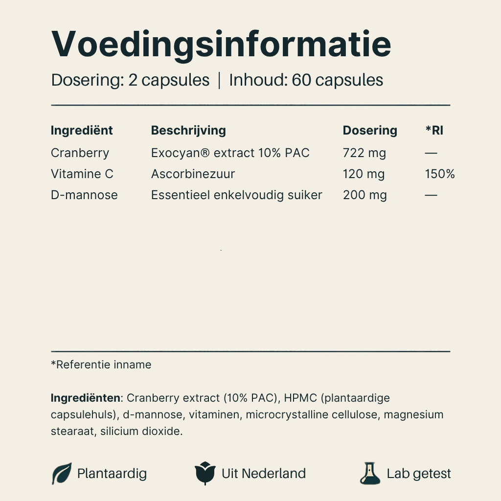 Voedingsinformatie Cranberry met D-mannose van Vital Nutrition