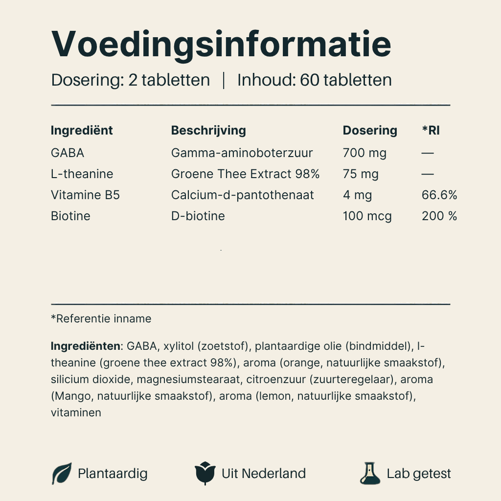 Voedingsinformatie GABA van Vital Nutrition
