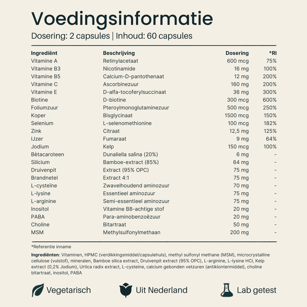 Voedingsinformatie van Vital Nutrition Haar Complex Vrouw
