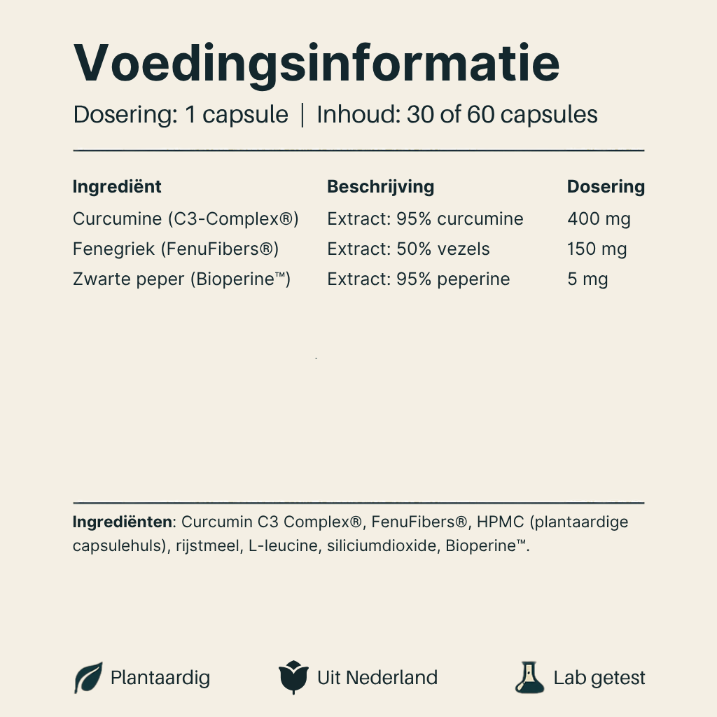 Voedingsinformatie Kurkuma C3 van Vital nutrition