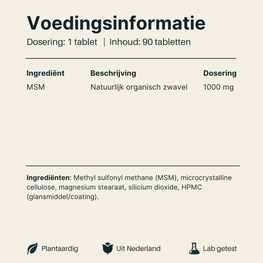 Voedingsinformatie MSM van Vital Nutrition