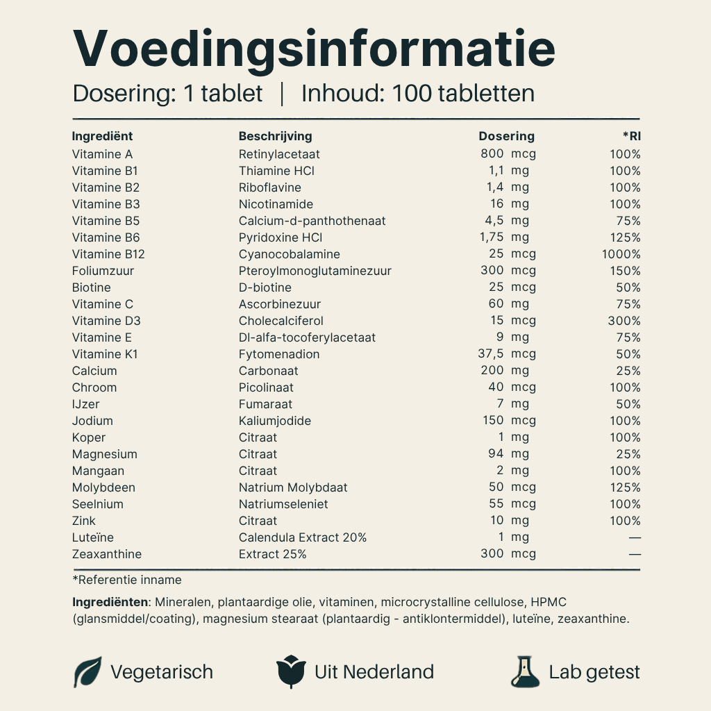 Voedingsinformatie Multi 50+ Vital Nutrition