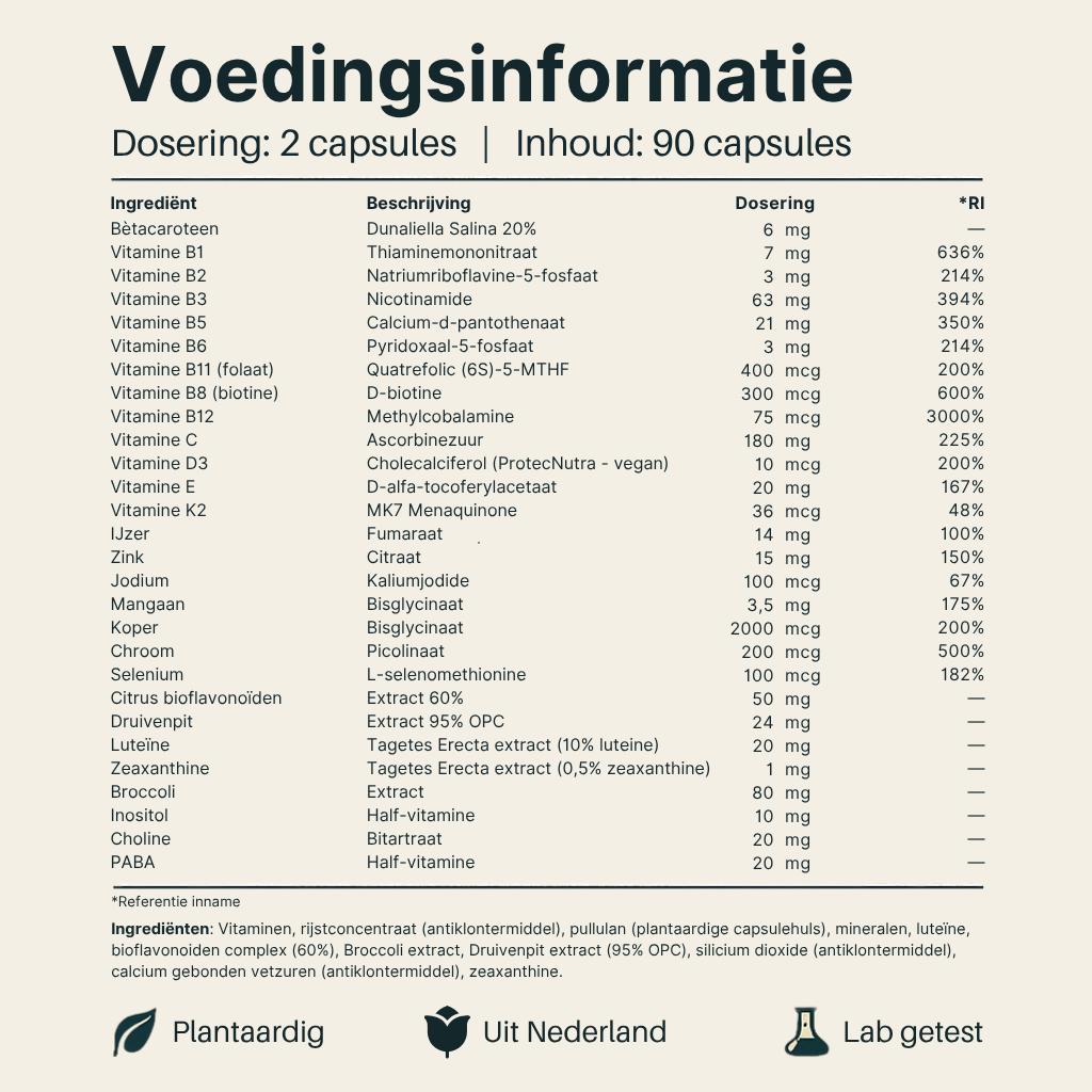Voedingsinformatie Multivitamine Vital Nutrition