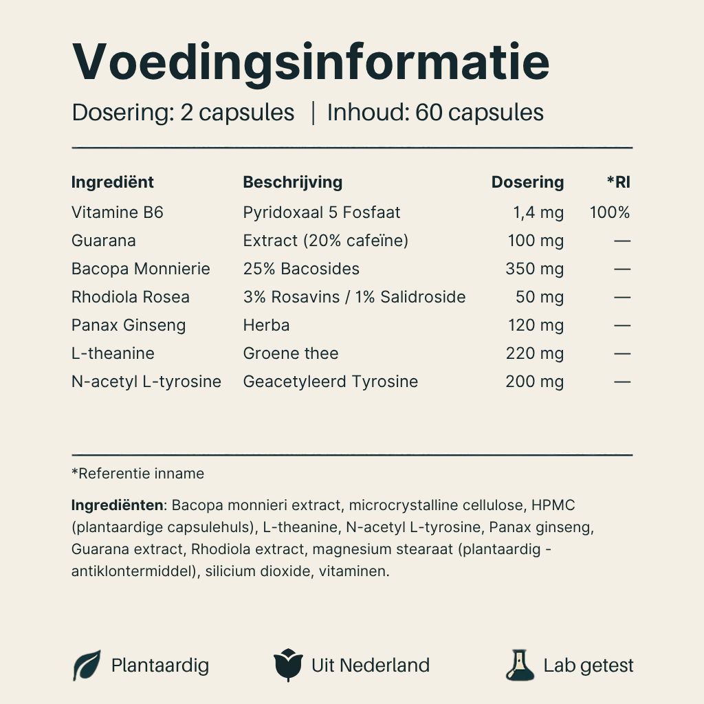 Voedingsinformatie Nootropic Vital Nutrition