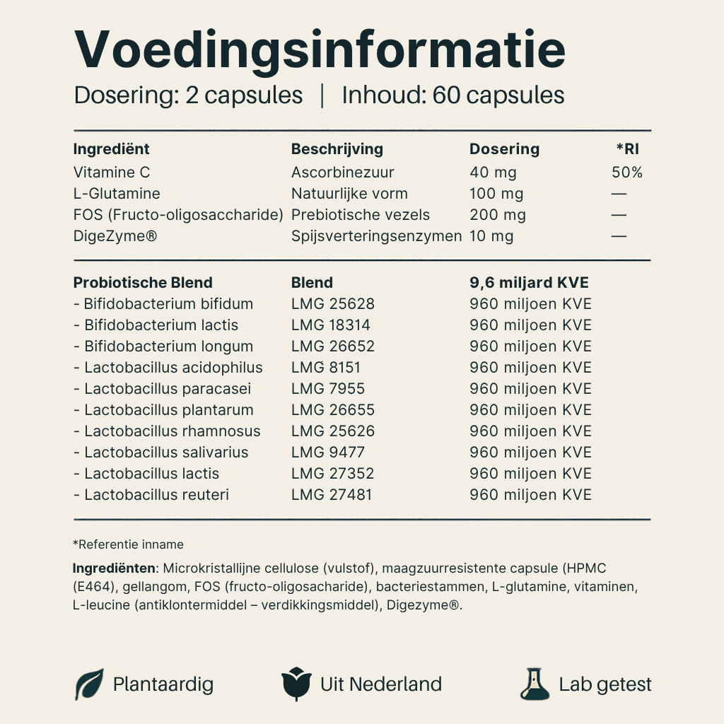 Afbeelding met voedingsinformatie en ingrediënten informatie van ProBio10 Complex Vital Nutrition