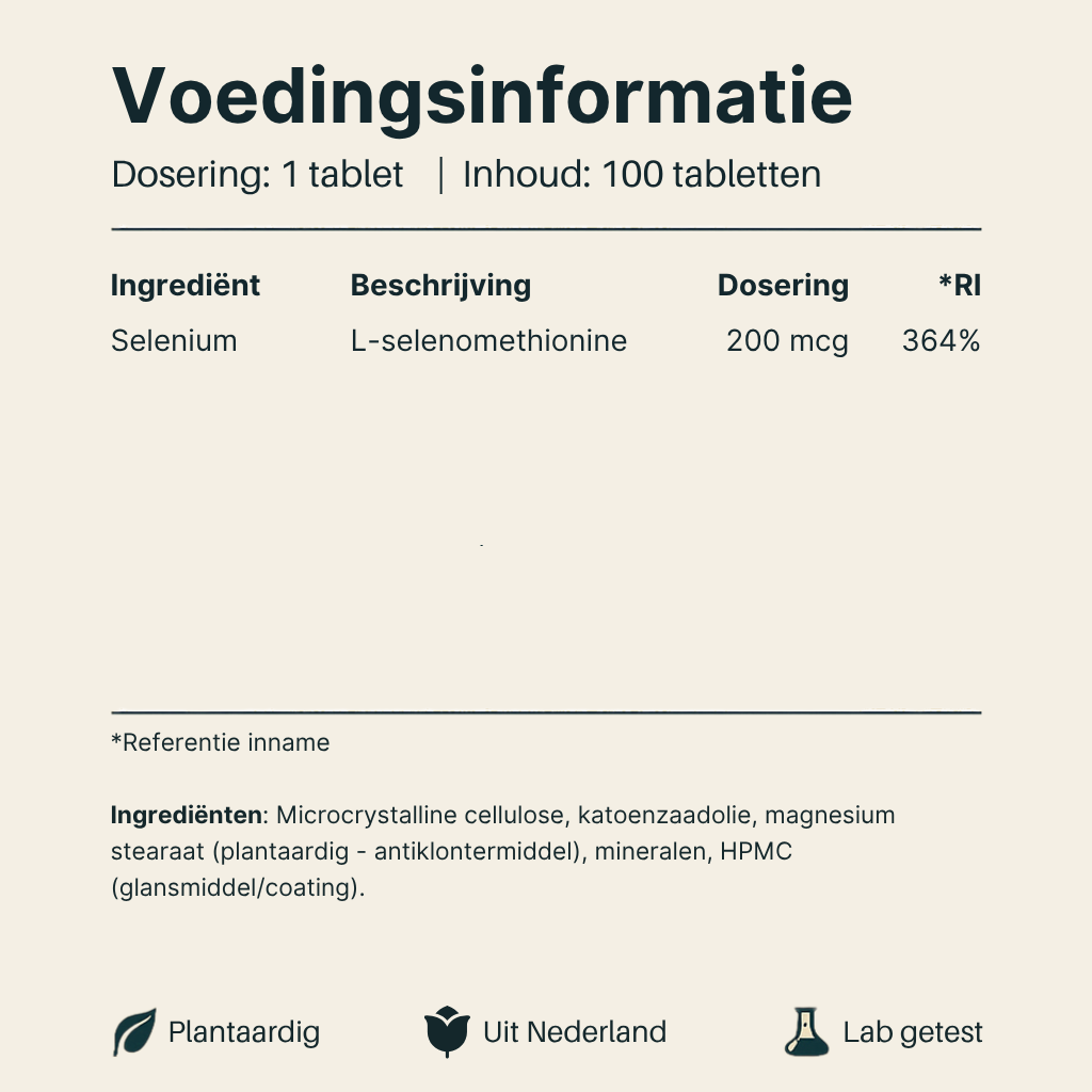 Voedingsinformatie Selenium Methionine van Vital Nutrition