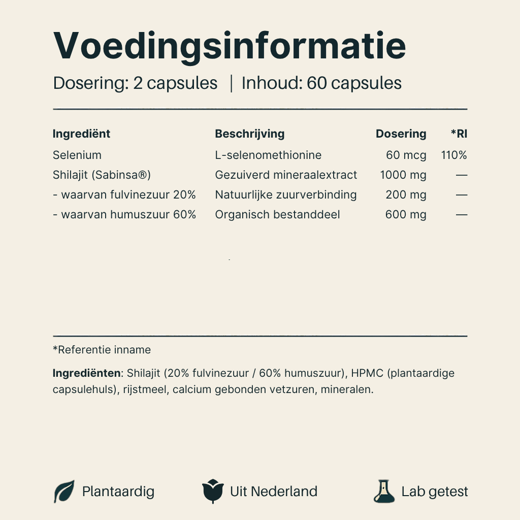 Voedingsinformatie Shilajit van Vital Nutrition