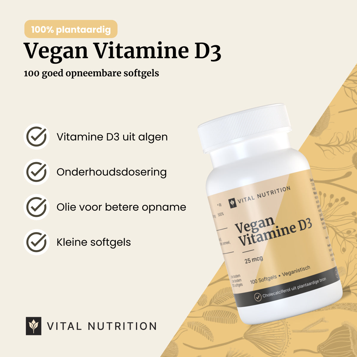 Productvoordelen van Vital Nutrition Vegan Vitamine D3 - 25 mcg