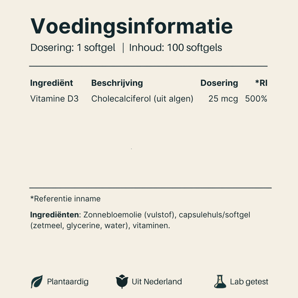 Voedingsinformatie Vegan Vitamine D3 van Vital Nutrition