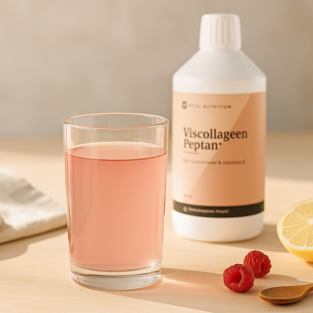 Viscollageen Peptan van Vital Nutrition op tafel met glas gevuld en frambozen
