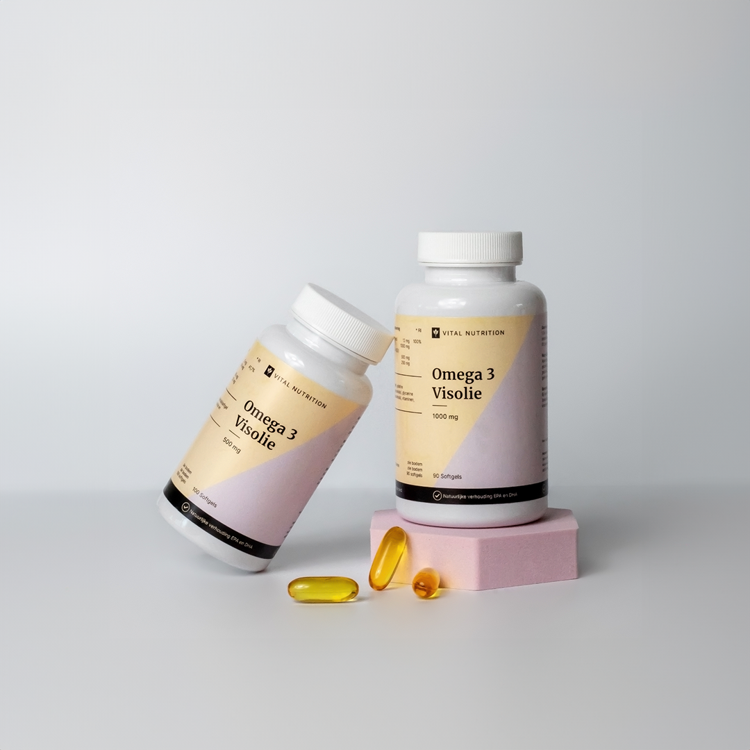 Vital Nutrition Omega 3 Visolie 1000mg en 500mg met softgels zichtbaar