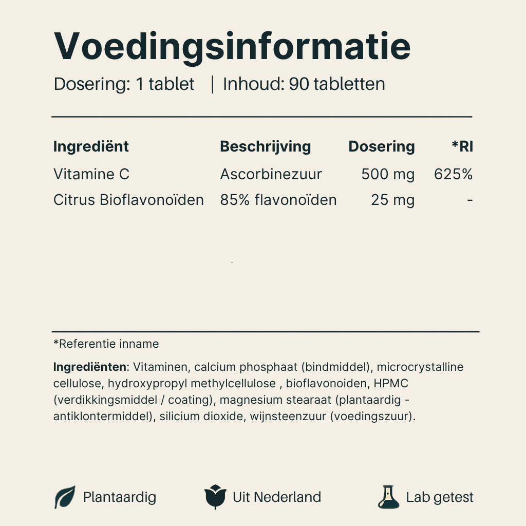 Voedingsinformatie Vitamine C 500 mg Vital Nutrition