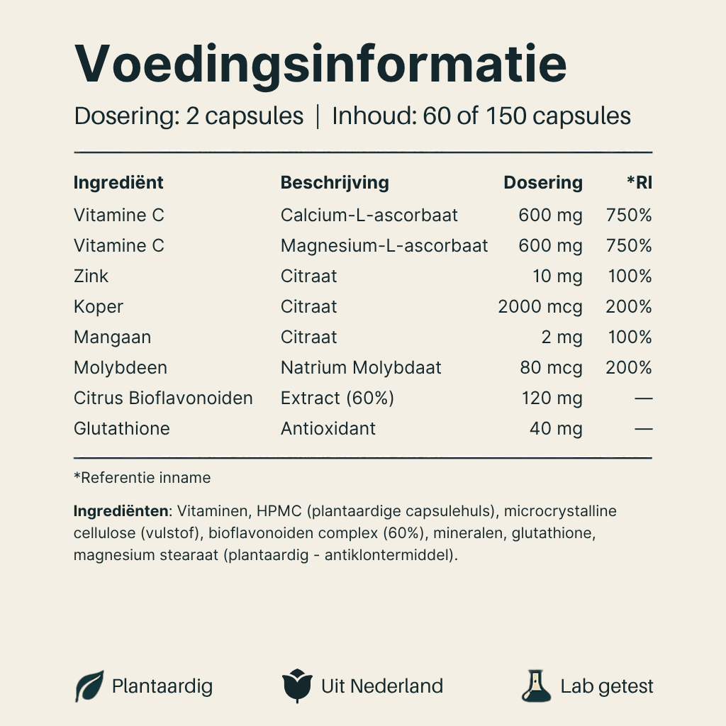 Voedingsinformatie Vitamine C Gebufferd Vital Nutrition