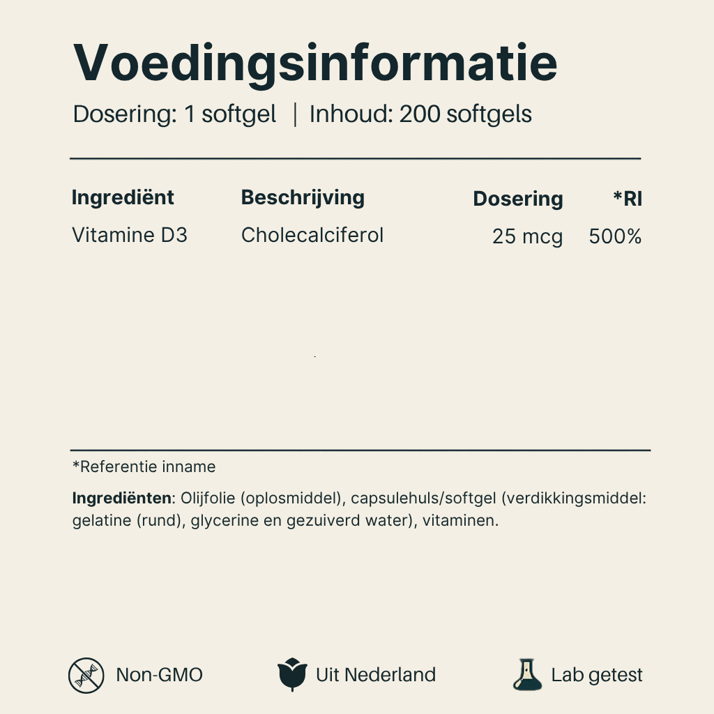 Voedingsinformatie Vitamine D3 25 mcg Vital Nutrition