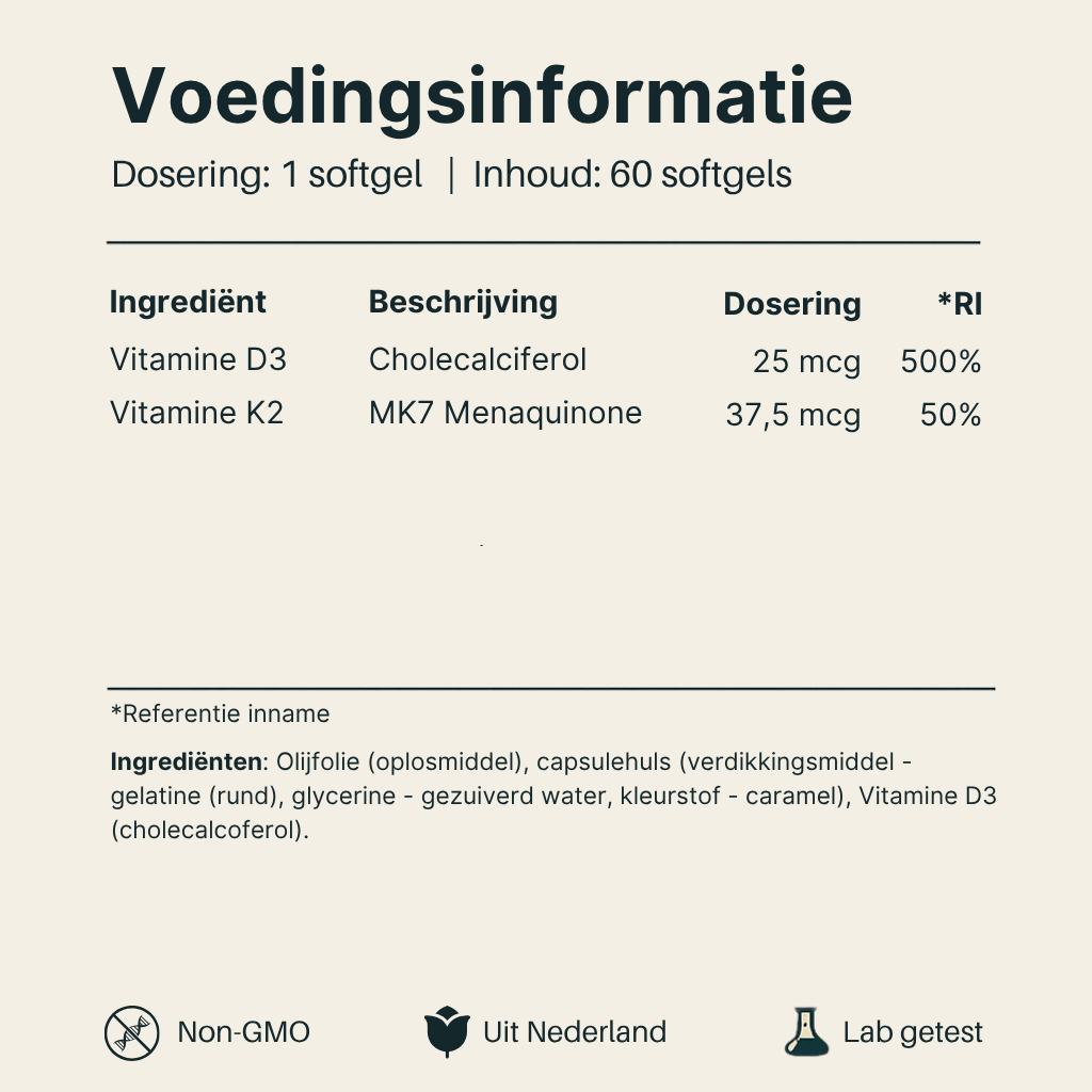 Voedingsinformatie Vitamine D3 + K2 Vital Nutrition