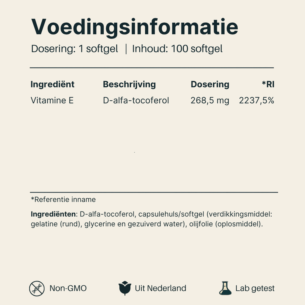 Voedingsinformatie Vitamine E 400 IU Vital Nutrition
