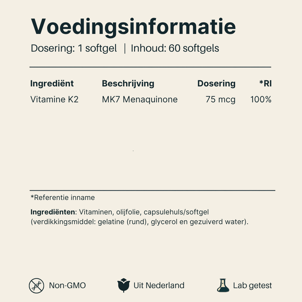 Voedingsinformatie Vitamine K2 75 mcg Vital Nutrition