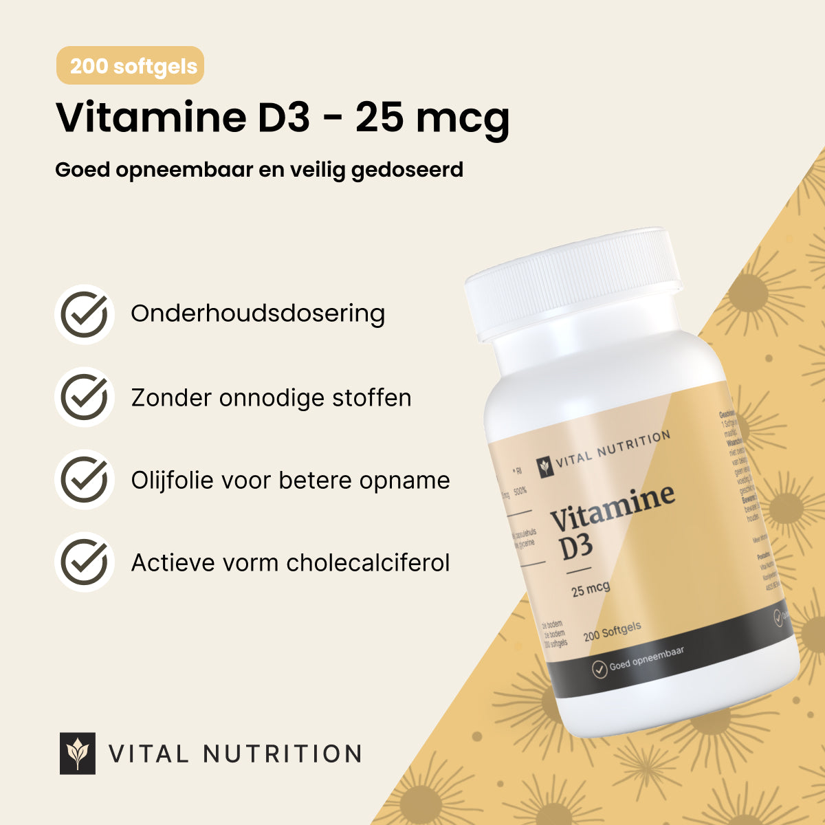 Productvoordelen van Vital Nutrition Vitamine D3 - 25 mcg