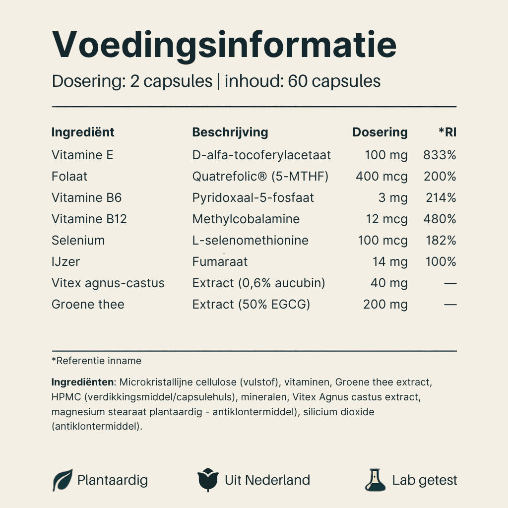Voedingsinformatie van Vital Nutrition Vruchtbaarheid Plus Vrouw