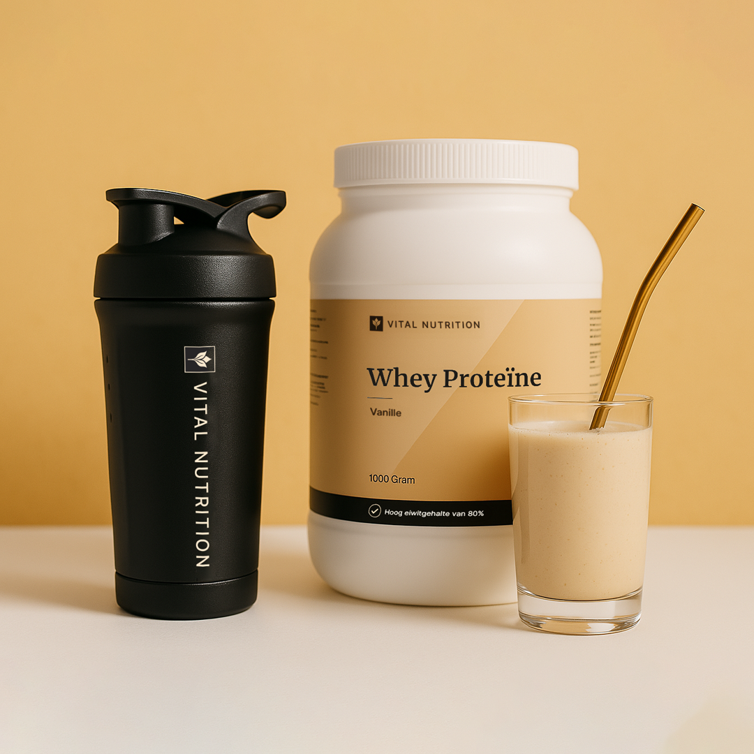 Whey Proteïne vanille van Vital Nutrition met de Vital Shaker en glas met gouden rietje fotoshoot