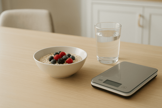 Schaal met havermout en fruit, glas water en keukenweegschaal in keuken setting