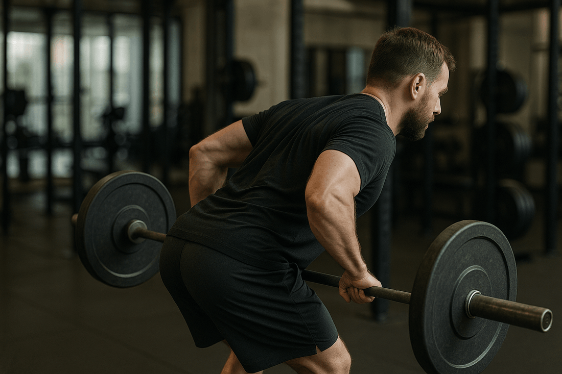 man doet barbell bent over row in sporschool