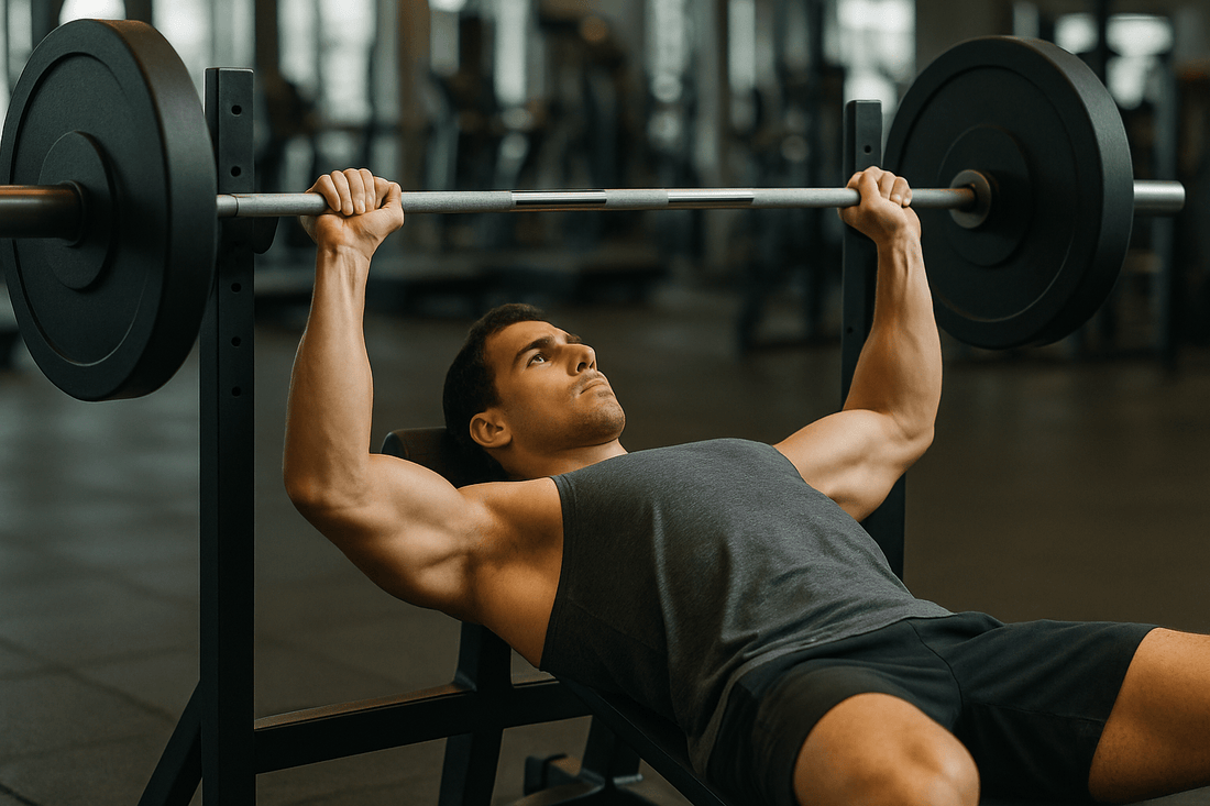 man doet barbell bench press in sportschool