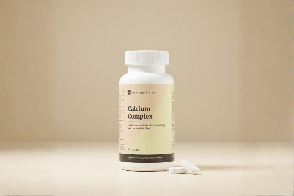 Calcium Complex van Vital Nutrition met 2 tabletten in productshoot setting