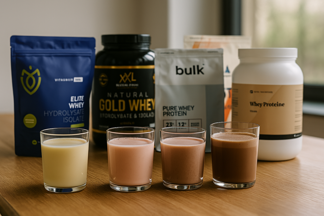 De beste eiwitpoeders Whey Proteine van Vital Nutrition, Elite Whey van Vitakruid, Gold Whey van XXL, Total Protein van Myprotein en Pure Whey van Bulk op tafel