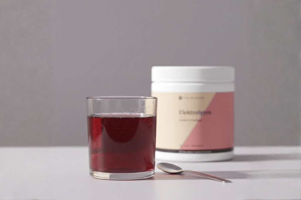 Elektrolyten poeder van Vital Nutrition met glas elektrolyten water en lepel in aantrekkelijke opstelling